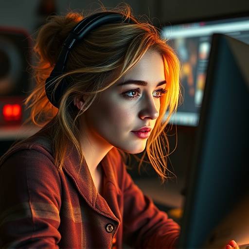 Portrait d'Alice Martin, animatrice 3D, travaillant sur une animation complexe sur son ordinateur
