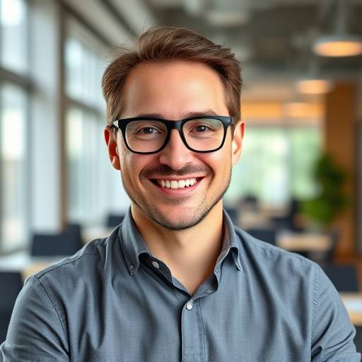 Portrait de Pierre Durand, chef de projet, souriant et portant des lunettes dans un bureau moderne